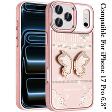 For iPhone 17 PRO Case w/ 3D Butterfly Bling Charm Stand Cover + Tempered Glass