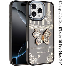 For iPhone 16 PRO MAX Case 3D Butterfly Bling Charm Stand Cover + Tempered Glass