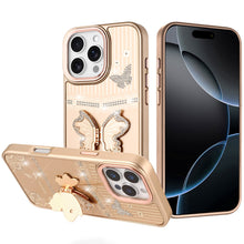 For iPhone 16 PRO MAX Case 3D Butterfly Bling Charm Stand Cover + Tempered Glass