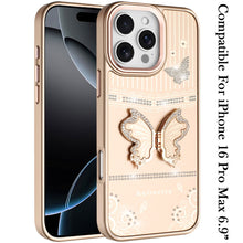 For iPhone 16 PRO MAX Case 3D Butterfly Bling Charm Stand Cover + Tempered Glass