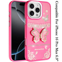 For iPhone 16 PRO MAX Case 3D Butterfly Bling Charm Stand Cover + Tempered Glass