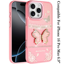 For iPhone 16 PRO MAX Case 3D Butterfly Bling Charm Stand Cover + Tempered Glass
