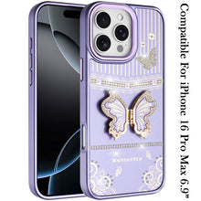 For iPhone 16 PRO MAX Case 3D Butterfly Bling Charm Stand Cover + Tempered Glass