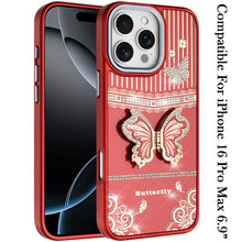 For iPhone 16 PRO MAX Case 3D Butterfly Bling Charm Stand Cover + Tempered Glass