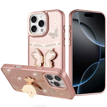 For iPhone 16 PRO MAX Case 3D Butterfly Bling Charm Stand Cover + Tempered Glass
