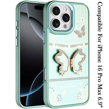 For iPhone 16 PRO MAX Case 3D Butterfly Bling Charm Stand Cover + Tempered Glass