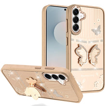 For Samsung S26+ Plus 3D Butterfly Bling Charm Stand Phone Cover +Tempered Glass
