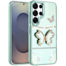 For Samsung S25 Ultra Case 3D Butterfly Bling Charm Stand Cover + Tempered Glass