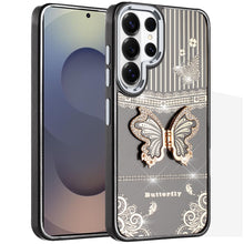 For Samsung S26 Ultra 3D Butterfly Bling Charm Stand Phone Cover +Tempered Glass