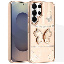 For Samsung S26 Ultra 3D Butterfly Bling Charm Stand Phone Cover +Tempered Glass