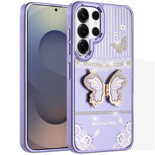 For Samsung S26 Ultra 3D Butterfly Bling Charm Stand Phone Cover +Tempered Glass