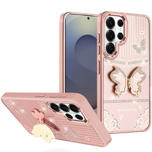 For Samsung S26 Ultra 3D Butterfly Bling Charm Stand Phone Cover +Tempered Glass