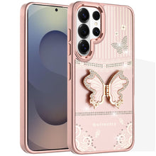 For Samsung S26 Ultra 3D Butterfly Bling Charm Stand Phone Cover +Tempered Glass