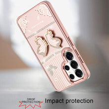 For Samsung S26 Ultra 3D Butterfly Bling Charm Stand Phone Cover +Tempered Glass