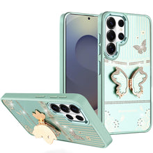 For Samsung S26 Ultra 3D Butterfly Bling Charm Stand Phone Cover +Tempered Glass