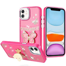 For iPhone 11 6.1 in. Case 3D Butterfly Bling Charm Stand Cover + Tempered Glass