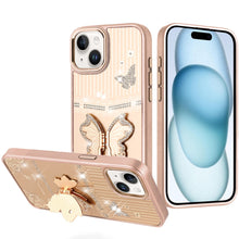 For iPhone 15 Case 3D Butterfly Bling Charm Stand Phone Cover + 2 Tempered Glass
