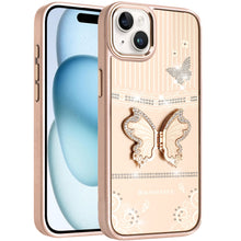 For iPhone 15 Case 3D Butterfly Bling Charm Stand Phone Cover + 2 Tempered Glass