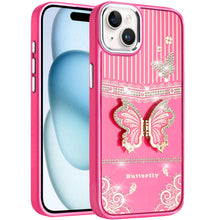 For iPhone 15 Case 3D Butterfly Bling Charm Stand Phone Cover + 2 Tempered Glass
