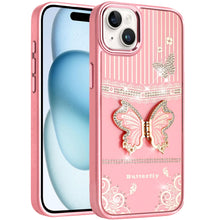 For iPhone 15 Case 3D Butterfly Bling Charm Stand Phone Cover + 2 Tempered Glass