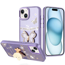For iPhone 15 Case 3D Butterfly Bling Charm Stand Phone Cover + 2 Tempered Glass