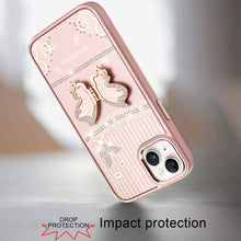 For iPhone 15 Case 3D Butterfly Bling Charm Stand Phone Cover + 2 Tempered Glass