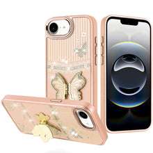 For iPhone 16e Case 3D Butterfly Bling Charm Stand Phone Cover + Tempered Glass