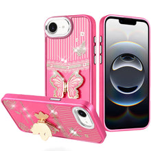 For iPhone 16e Case 3D Butterfly Bling Charm Stand Phone Cover + Tempered Glass
