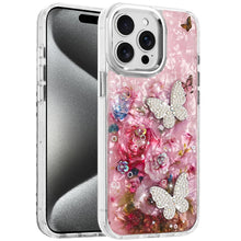 For iPhone 15 Pro Max Case Epoxy Glitter 3D Beaded Butterflies +2 Tempered Glass