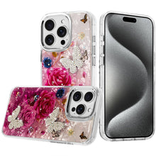 For iPhone 15 Pro Max Case Epoxy Glitter 3D Beaded Butterflies +2 Tempered Glass