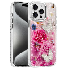 For iPhone 15 Pro Max Case Epoxy Glitter 3D Beaded Butterflies +2 Tempered Glass