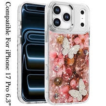 For iPhone 17 PRO Case Epoxy Glitter with 3D Beaded Butterflies + Tempered Glass