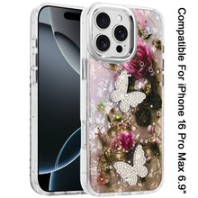 For iPhone 16 PRO MAX Case Epoxy Glitter 3D Beaded Butterflies + Tempered Glass