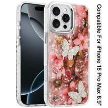 For iPhone 16 PRO MAX Case Epoxy Glitter 3D Beaded Butterflies + Tempered Glass