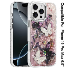 For iPhone 16 PRO MAX Case Epoxy Glitter 3D Beaded Butterflies + Tempered Glass