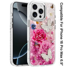 For iPhone 16 PRO MAX Case Epoxy Glitter 3D Beaded Butterflies + Tempered Glass