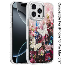 For iPhone 16 PRO MAX Case Epoxy Glitter 3D Beaded Butterflies + Tempered Glass