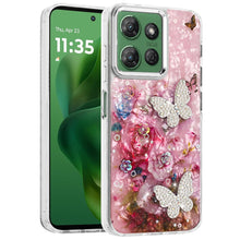For Moto G Power 2025 Case Epoxy Glitter 3D Beaded Butterflies + Tempered Glass