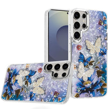 For Samsung S25 Ultra Case Epoxy Glitter 3D Beaded Butterflies + Tempered Glass