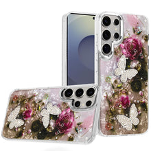 For Samsung S25 Ultra Case Epoxy Glitter 3D Beaded Butterflies + Tempered Glass
