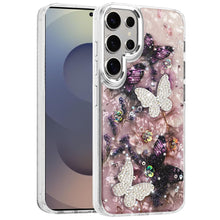 For Samsung S25 Ultra Case Epoxy Glitter 3D Beaded Butterflies + Tempered Glass