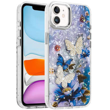 For iPhone 11 6.1 in. Case Epoxy Glitter 3D Beaded Butterflies + Tempered Glass