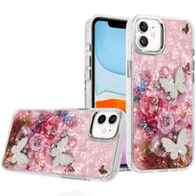 For iPhone 11 6.1 in. Case Epoxy Glitter 3D Beaded Butterflies + Tempered Glass