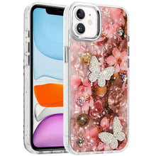 For iPhone 11 6.1 in. Case Epoxy Glitter 3D Beaded Butterflies + Tempered Glass