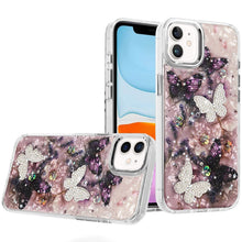 For iPhone 11 6.1 in. Case Epoxy Glitter 3D Beaded Butterflies + Tempered Glass