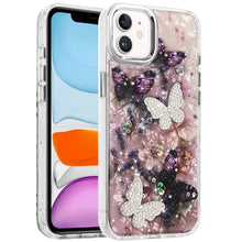 For iPhone 11 6.1 in. Case Epoxy Glitter 3D Beaded Butterflies + Tempered Glass