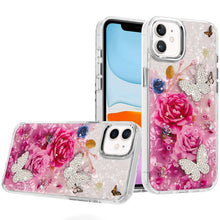 For iPhone 11 6.1 in. Case Epoxy Glitter 3D Beaded Butterflies + Tempered Glass