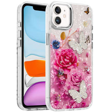 For iPhone 11 6.1 in. Case Epoxy Glitter 3D Beaded Butterflies + Tempered Glass