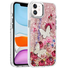 For iPhone 11 6.1 in. Case Epoxy Glitter 3D Beaded Butterflies + Tempered Glass