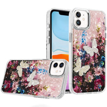 For iPhone 11 6.1 in. Case Epoxy Glitter 3D Beaded Butterflies + Tempered Glass